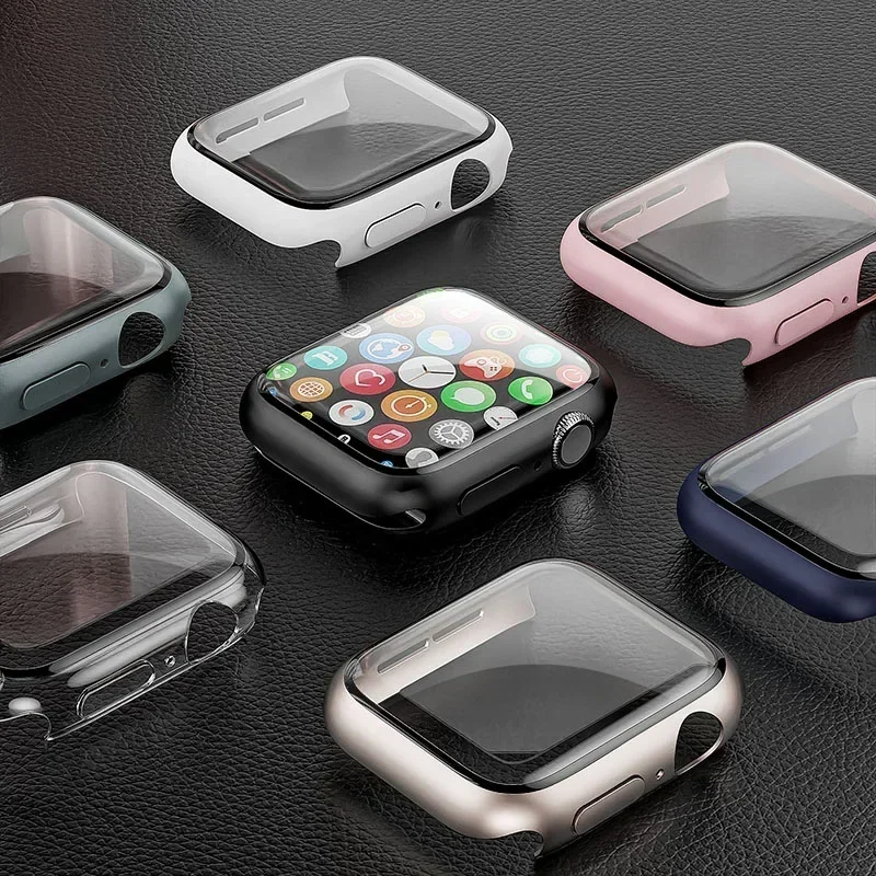 กระจกนิรภัย + กรณีสําหรับ Apple Watch Series 10 42 มม.46 มม.45 มม.41 มม.44 มม.38-40 มม.PC กันชนป้องกันหน้าจอ Series 9 8 7 6 5 4 SE