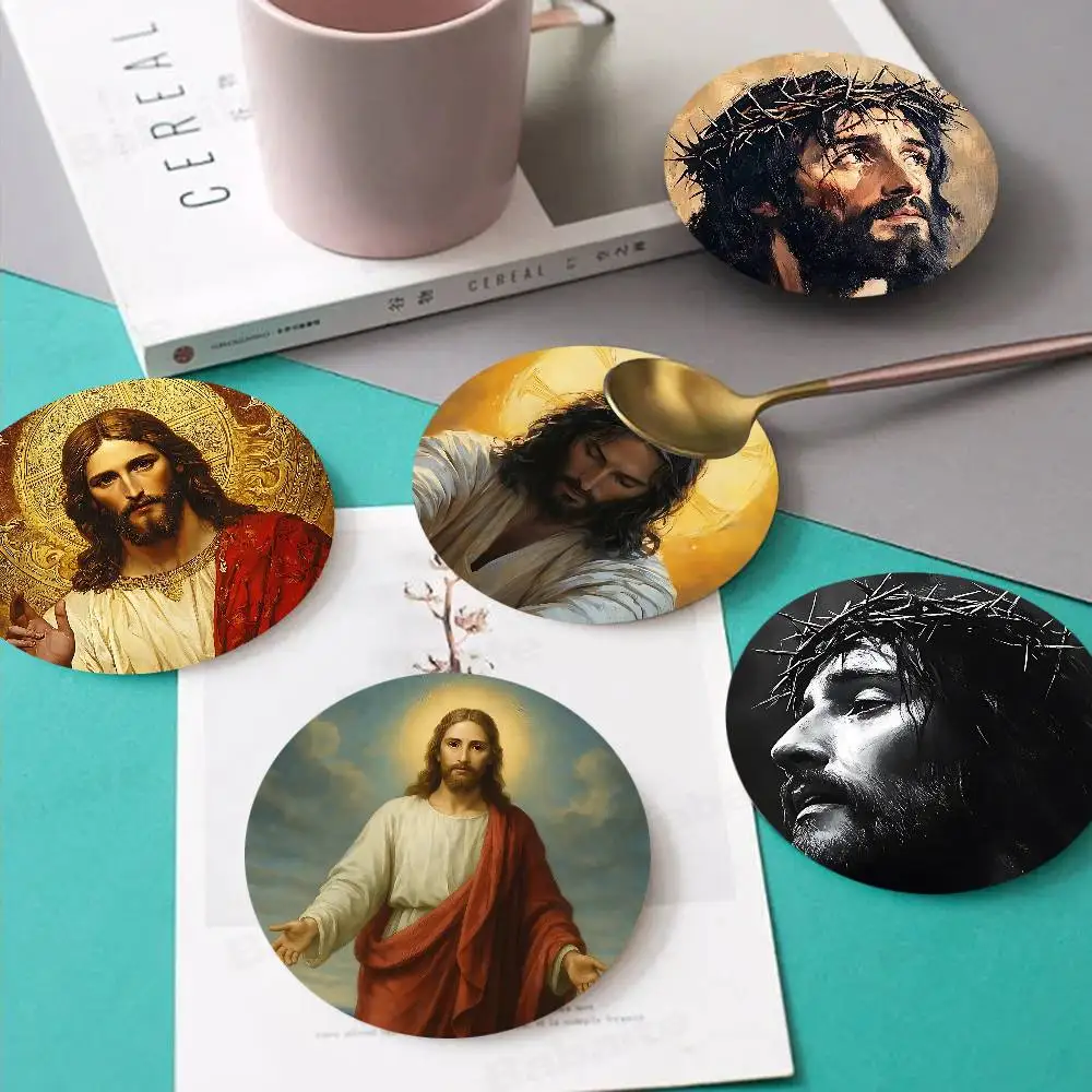 Classic Sacred Figure J-Jesus Themed Wooden Coaster Non-Slip Heat-Resistant Fun Dining Table Decoration Cafe Restaurant Gifts