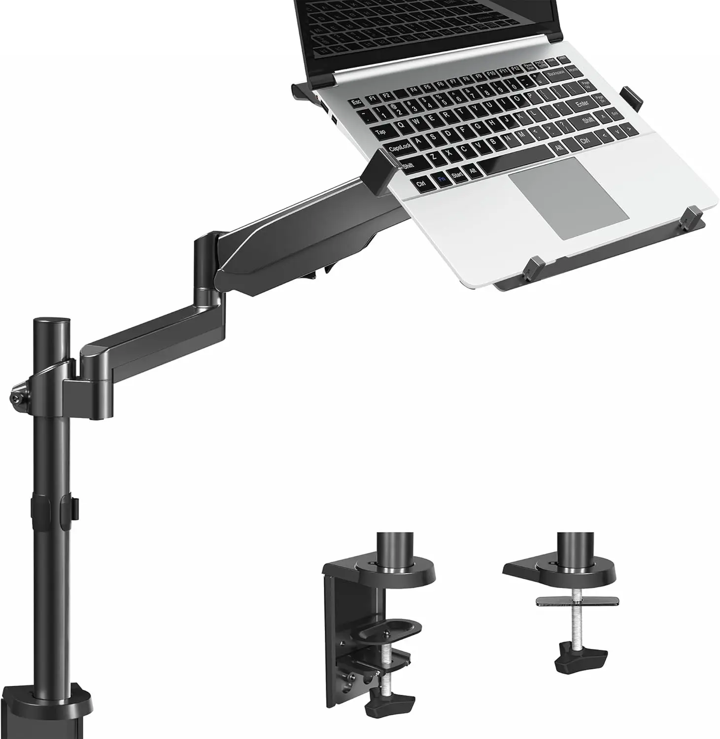 

Universal Adjustable Laptop Mount for Desk, Single Tension Arm VESA Stand with C-clamp and Grommet Options, Black