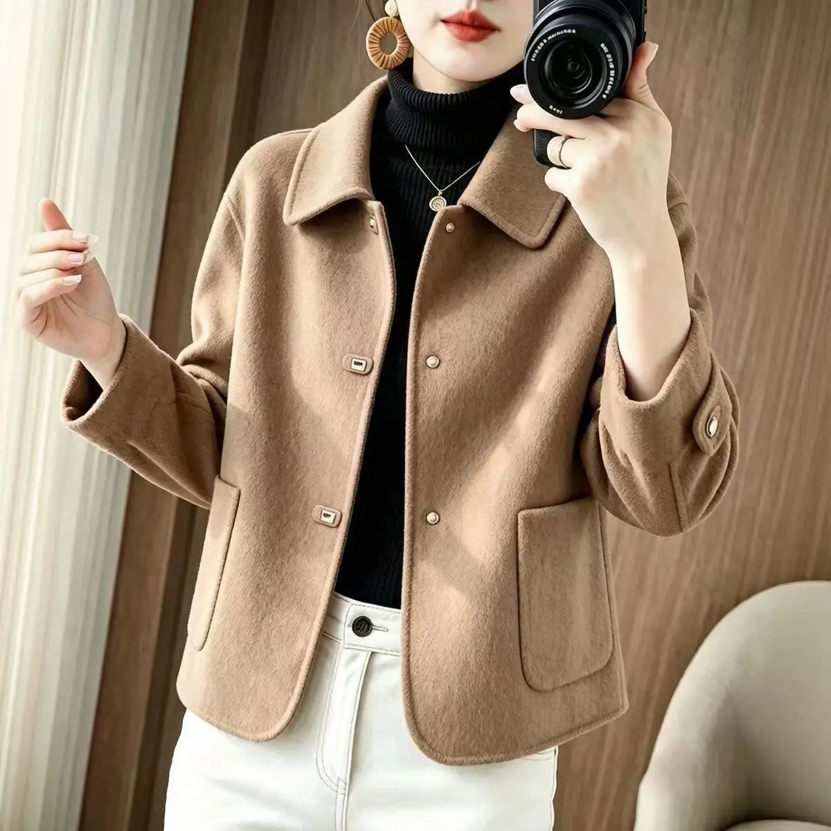 Women Fully Lined Double Faced Wool Coat Petite Loose Warm Winter Fashion Slimming Outerwear