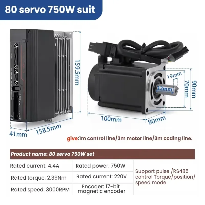 High Torque Low Speed AC Servo Motor 0.75KW 2.39N.M 3000RPM 220V for CNC Machine Industrial Equipment With Driver
