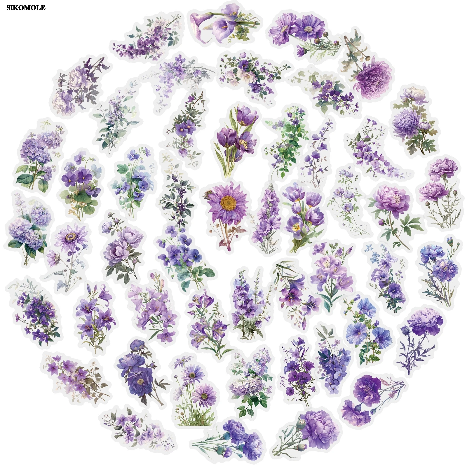 

50PCS Cartoon Romantic Purple Flowers Sticker Colorful Transparent PET DIY Notebook Laptops Skateboards Decal Graffiti Stickers