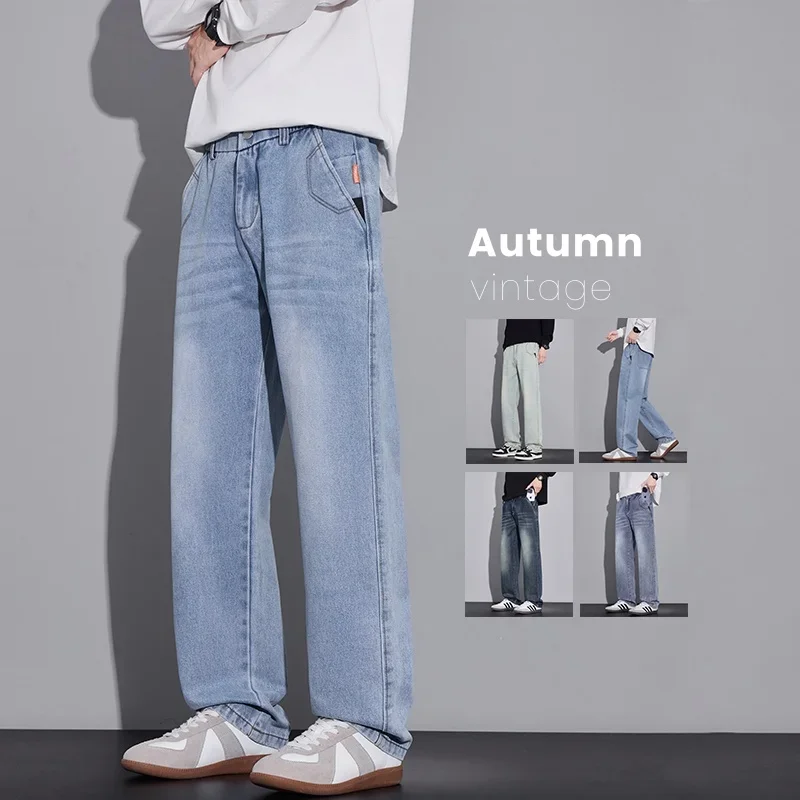 

Осенние новые винтажные джинсы, мужские прямые повседневные свободные удобные брюки с эластичной резинкой на талии, модные мужские молодежные джинсовые брюки