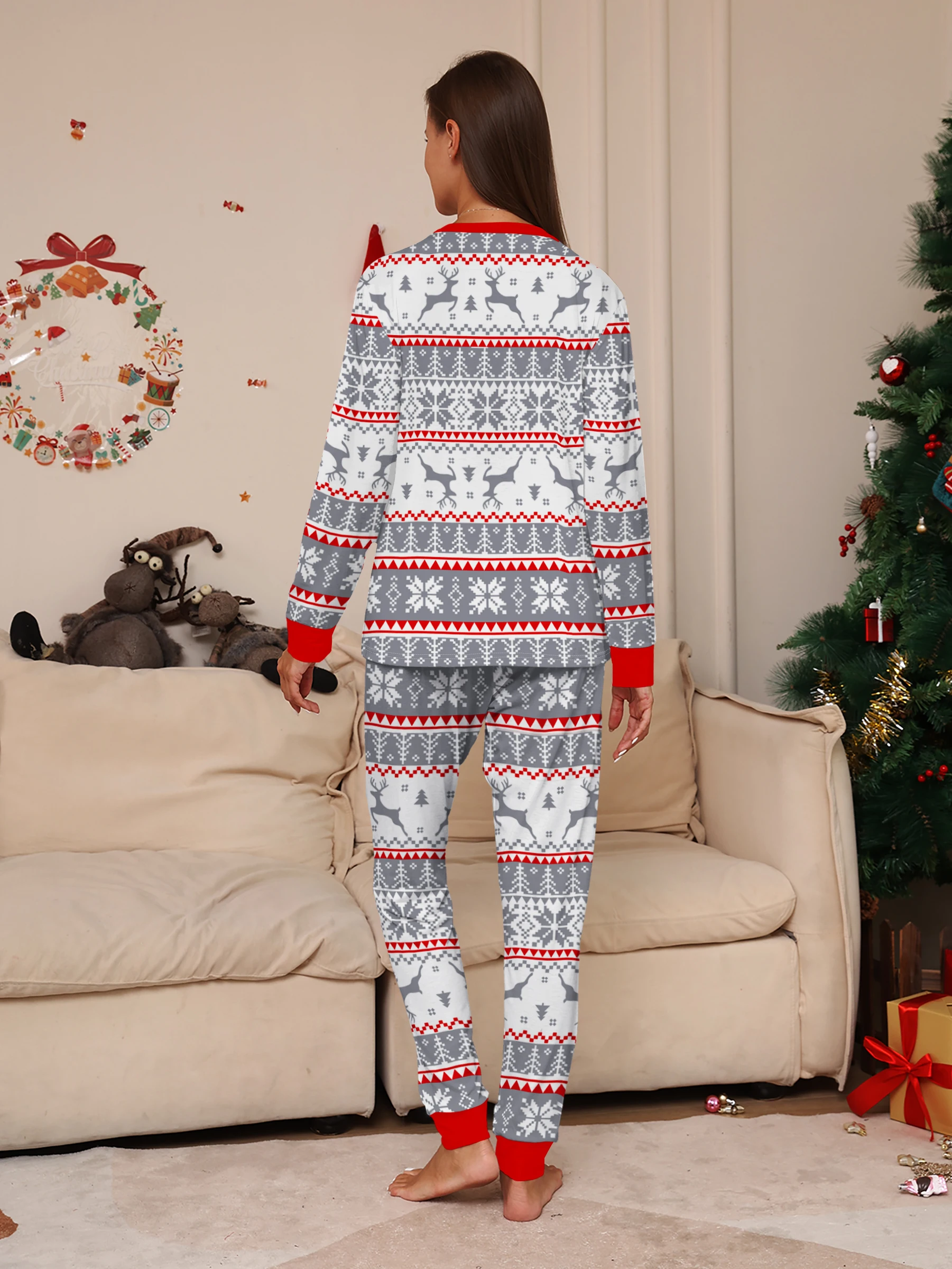 Family Christmas Pajamas Set Matching Parent-child Sleepwear Gray Red Reindeer Print Long Sleeve Xmas Gift for Men Women Kids
