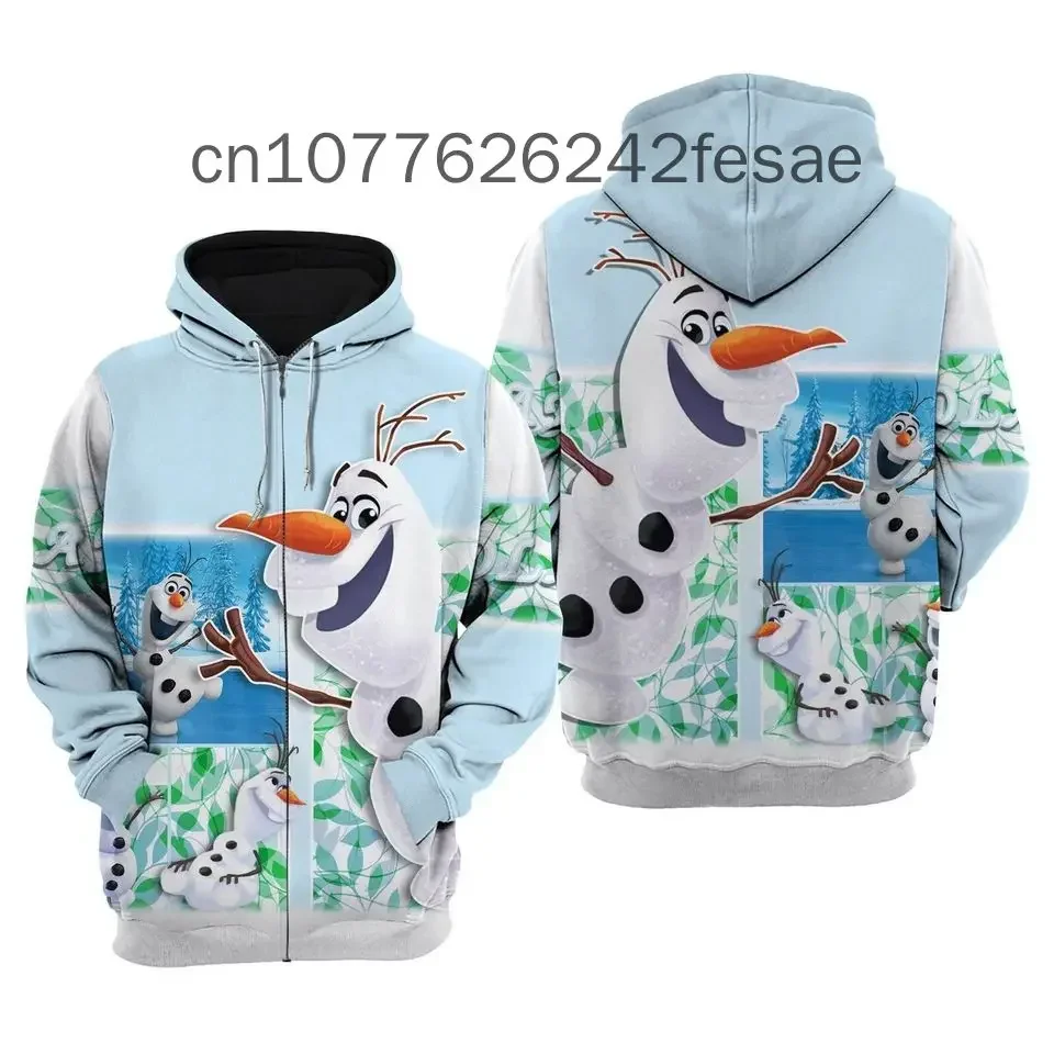 2024  New Frozen Disney Olaf Hoodie Cartoon Anime Men's and Women's Zipper Hoodie