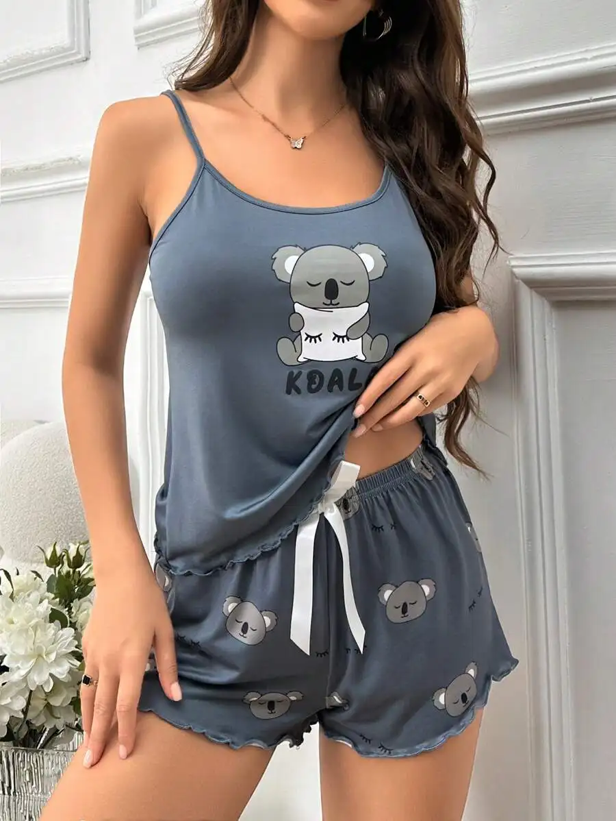 

Koala Print Sleeveless Pajama Set With Shorts For Women