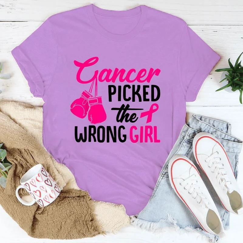 Breast Cancer Cancer Picked The Wrong Girl Printing T-Shirt Fashion Short Sleeve Summer Cool Hip Hop Top Tee