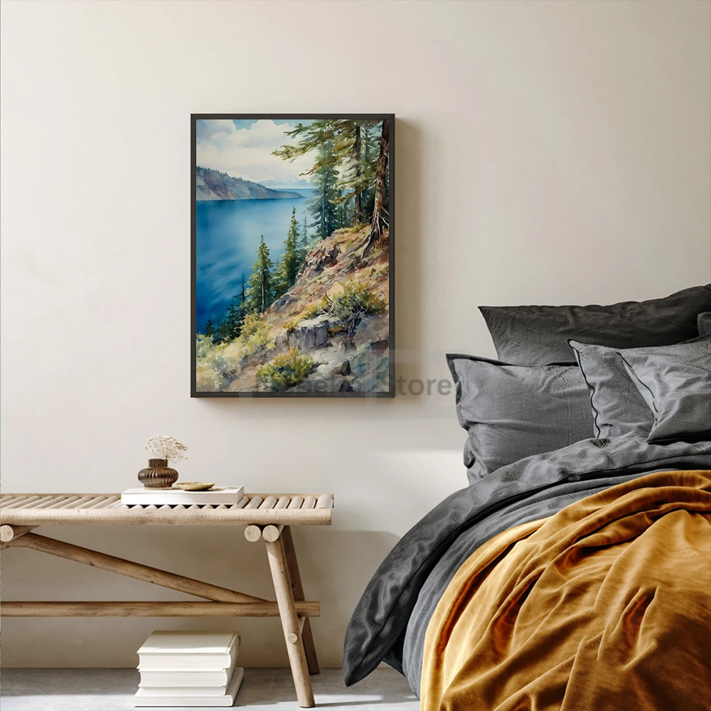 Crater Lake National Park Painting Watercolor Landscape Art Posters and Prints Canvas Painting Wall Art Pictures Home Room Decor