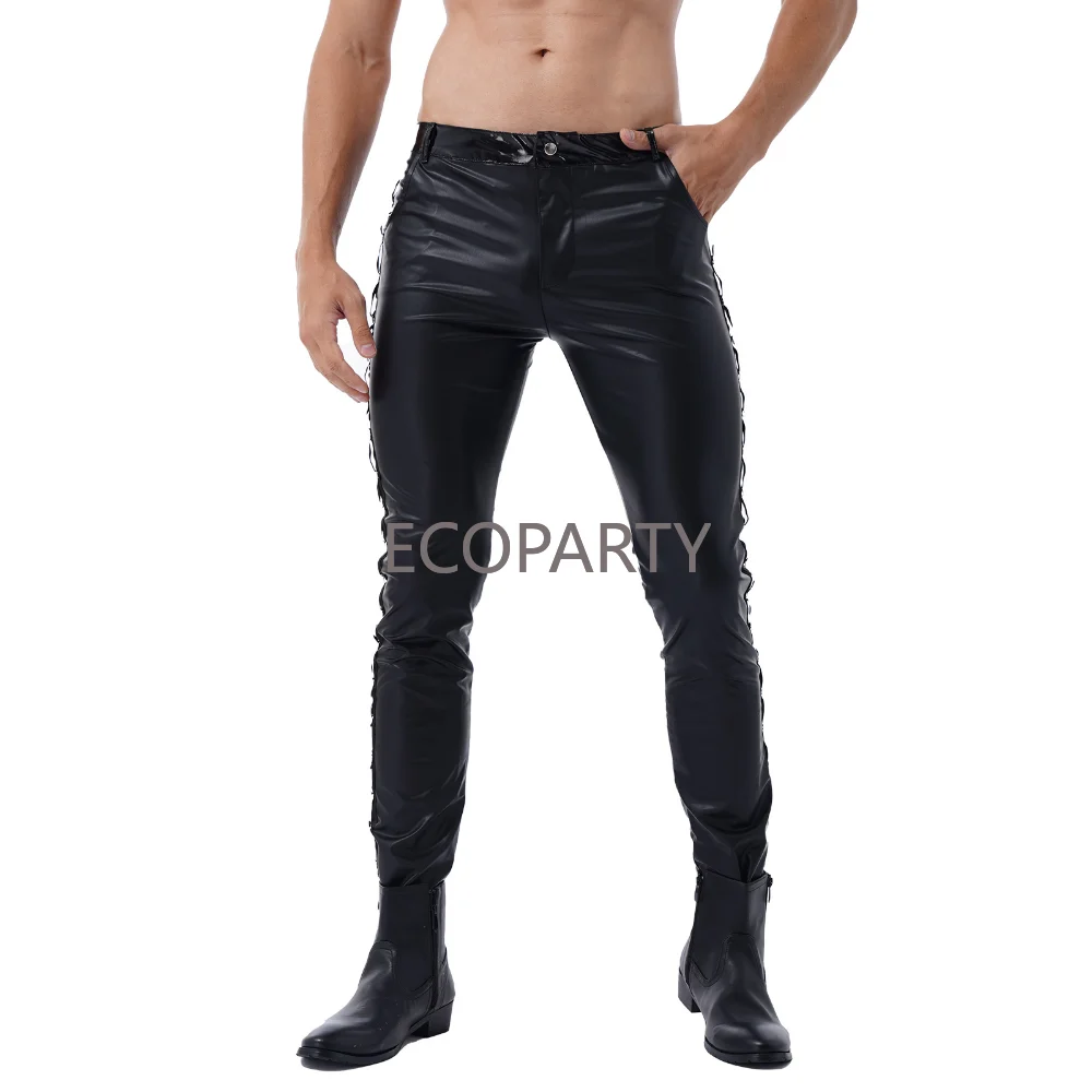 Men Latex Leather Pants Low Waist Faux Leather Shiny Pants Fashion Tight Trousers for Club Stage Show Rock Band Performance