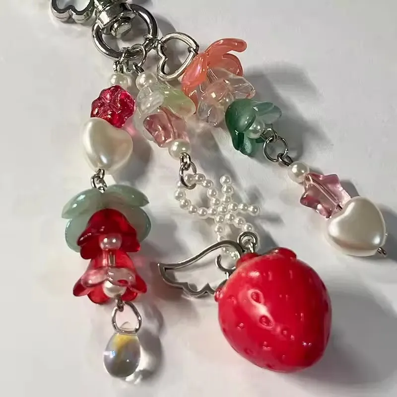 Cute strawberry bow keychain y2k coquettish fairytale lily of the valley keychain