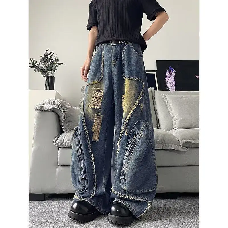

High Waist Korean Style Hong Kong Wind College Fashion Knife Denim Pants Color Block Mismatched Long Trousers