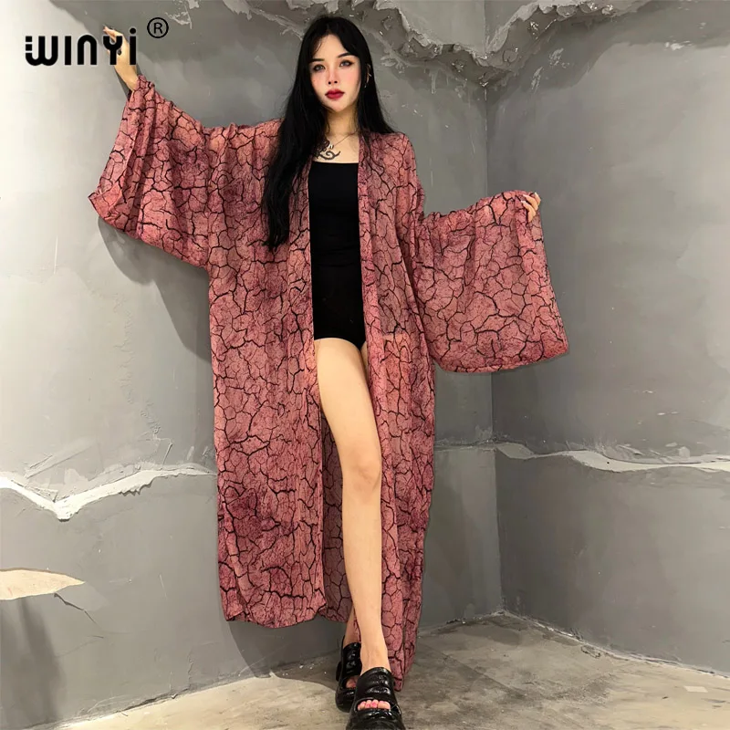 WINYI 2023 new kimono Bikini Cover-up Elegant beach outfit for women boho print cotton feeling vestidos para mujer dress kaftan