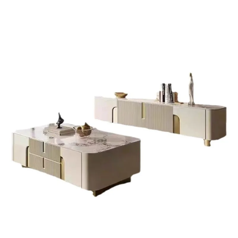 

Modern light luxury household rock slab gold rectangular coffee table TV cabinet
