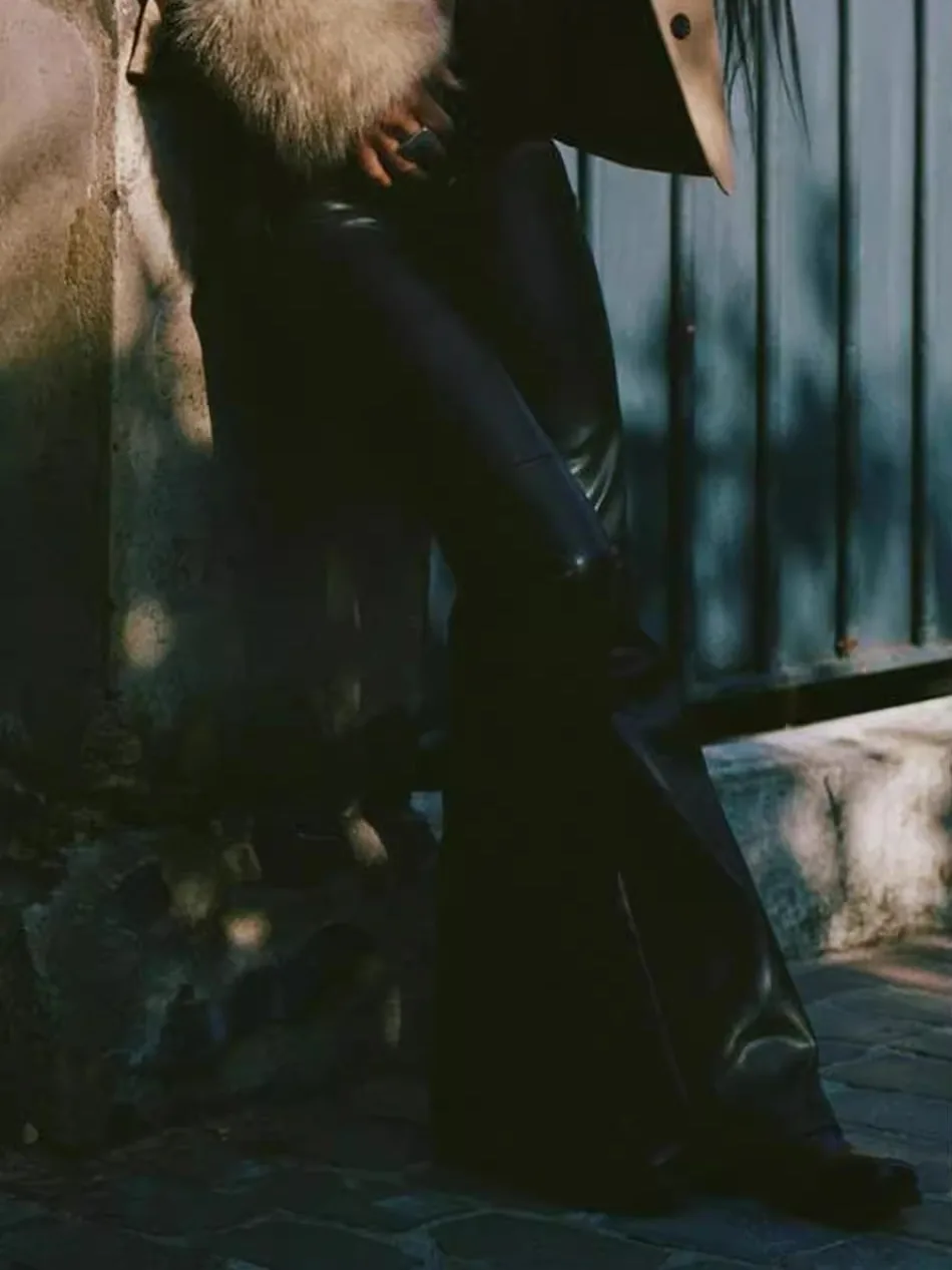 

Low Waist Flared Pants with Bow Design Casual Sle Imitation Leather Women's Autumn Winter Faion Trousers