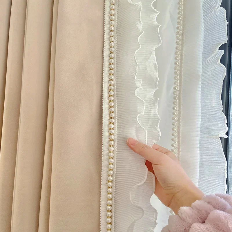 French light colored elegant living room curtains bedroom milk tea colored velvet curtain blackout cream velvet delicate curtain