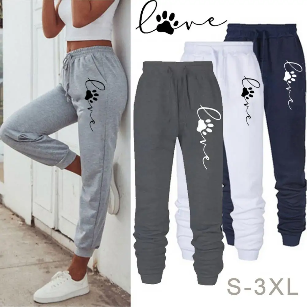 

Drawstring Waist Athletic Trousers Cat Paw Print Women's Sport Pants with Elastic Waist Ankle-banded for Jogging for Comfortable