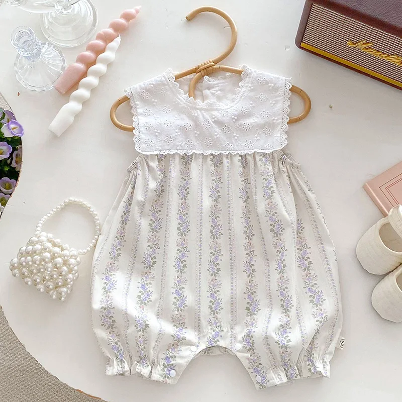 

2024 New Summer 0-24M Baby Clothing Toddler Baby Girls Jumpsuit Sleeveless Cotton Printed Splicing Korean Style Climbing Suit