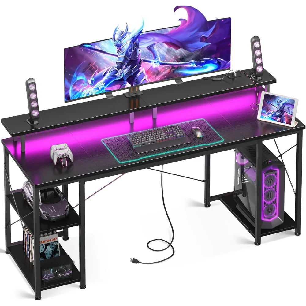 

63 inch computer desk with power socket and LED lights, game desk with monitor stand and storage shed, home office desk
