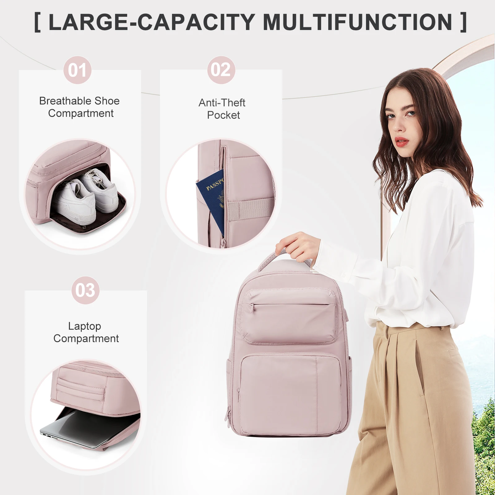 Women Backpack Laptop Bag Lightweight Carry On Luggage Bag with Shoe Compartment Large Capacity Waterproof Travel Backpack