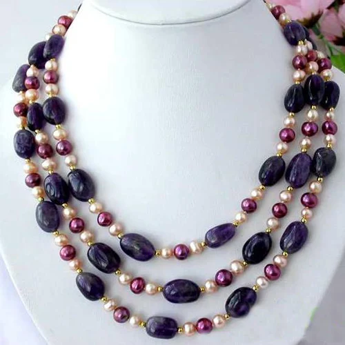 

Favorite Pearl Jewelry,3Rows Nature Ellipse Amethyst Round Real Pearl Necklace,Charming Wedding Party Birthday Lady Gift