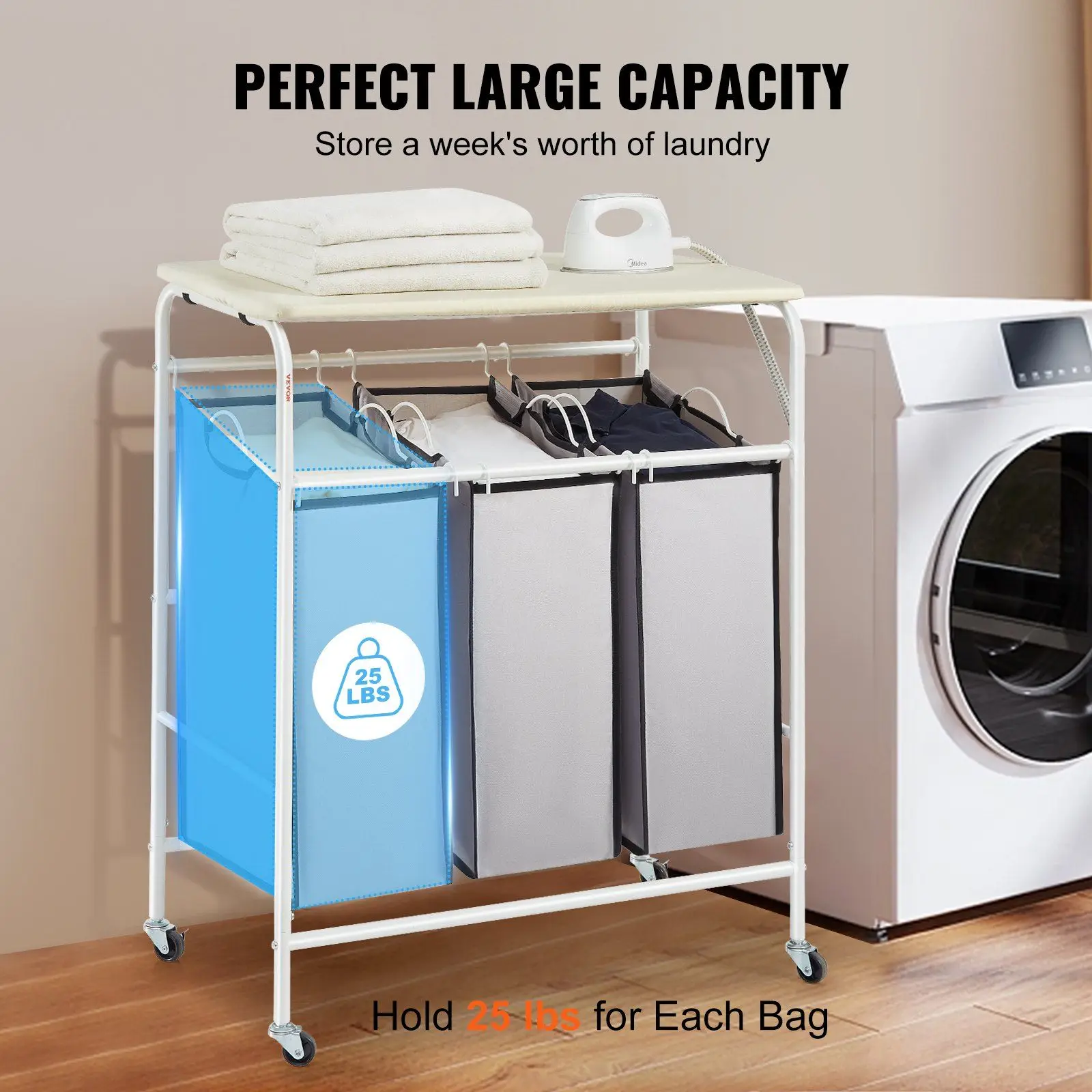 

3-Section Laundry Sorter Cart with Ironing Board, Laundry Hamper with Heavy Duty Lockable Wheels and 3 Removable Bag