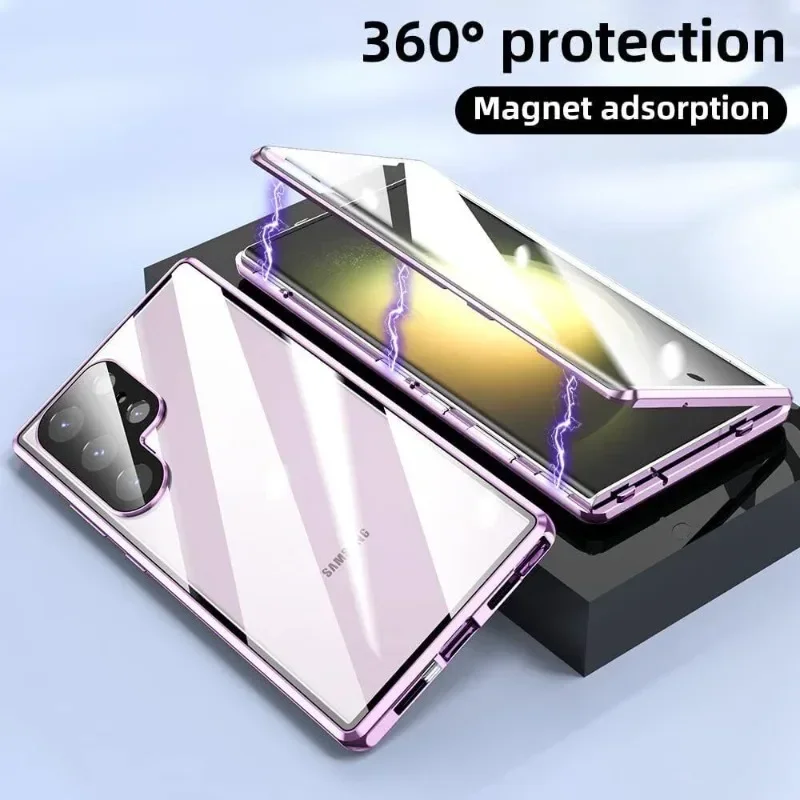 Double Sided Tempered Glass Metal Magnetic Case For Galaxy S23 S22 S21 Ultra Plus Note 20 5G Protective Cover Bottom Lock Catch