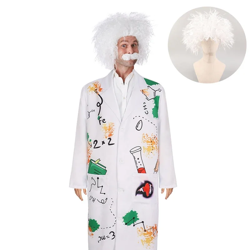 Halloween Cosplay Costume Mad Scientist Funny Costume Wig White Unisex Lab Uniform Carnival Party Purim Stage Performance Props