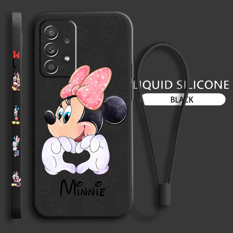 Pink Minnie Cartoon For Samsung Galaxy A73 A54 A34 A53 A33 A52 A32 A22 A71 A51 A21S 4G 5G Liquid Left Rope Phone Case Coque Capa