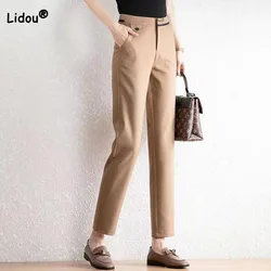 Pantalones rectos de cintura alta de Color liso para mujer, ropa informal de primavera para viaje, recortada que combina con todo, moda de oficina