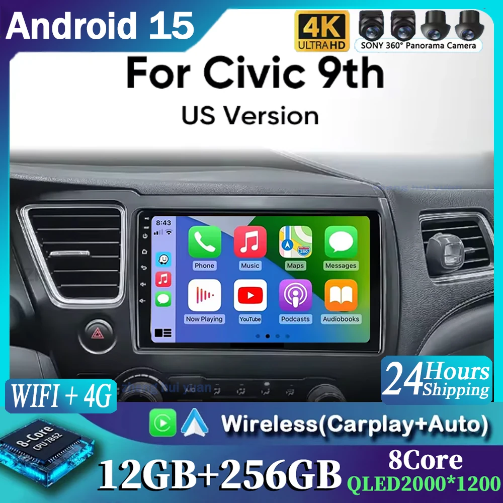 Android 16 CarPlay Auto Car Radio Multimedia navigation video Autoradio Stereo For Honda Civic 9 9th US Sender Coupe