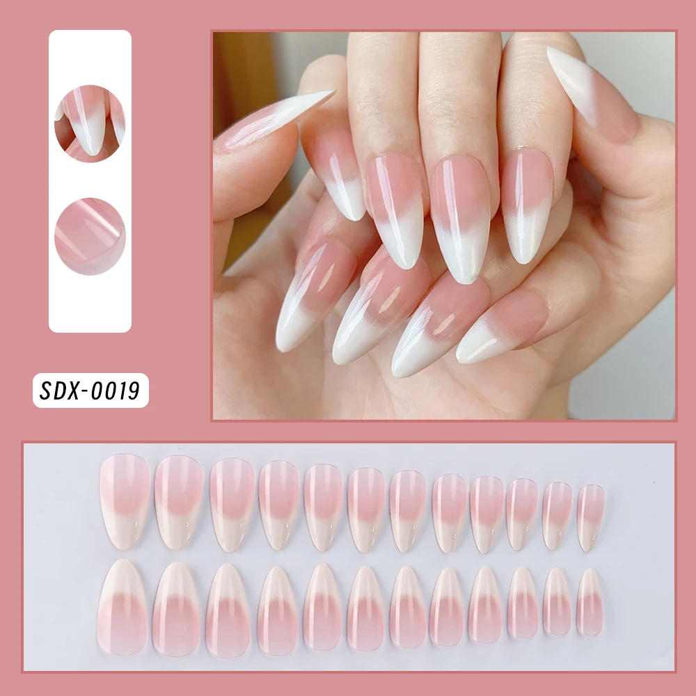 

24pcs Almond French Style Press on Nails Pink White & Nude Glossy Finish Fake Nails Reusable Artificial Bride Wedding Manicure *