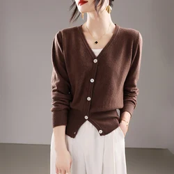 2025 Early Autumn 100% Wool Knit Women's Cardigan V-Neck Solid Color Fashion High-Grade Comfortable Loose Casual Knitwear Coat