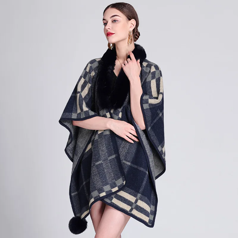 Autumn Warm Criss-Cross Cloak Knitted Coat Striped Poncho Capes Women Loose Faux Fur Ball Streetwear Cardigan Shawl Knitwear