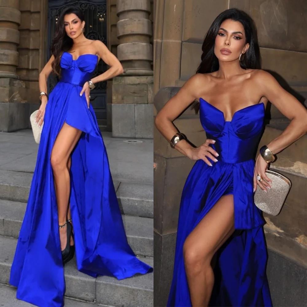 Personalizado brilhante azul cetim vestidos de celebridades elegante sem alças sem mangas vestido de noite requintado vestidos de ocasião especial