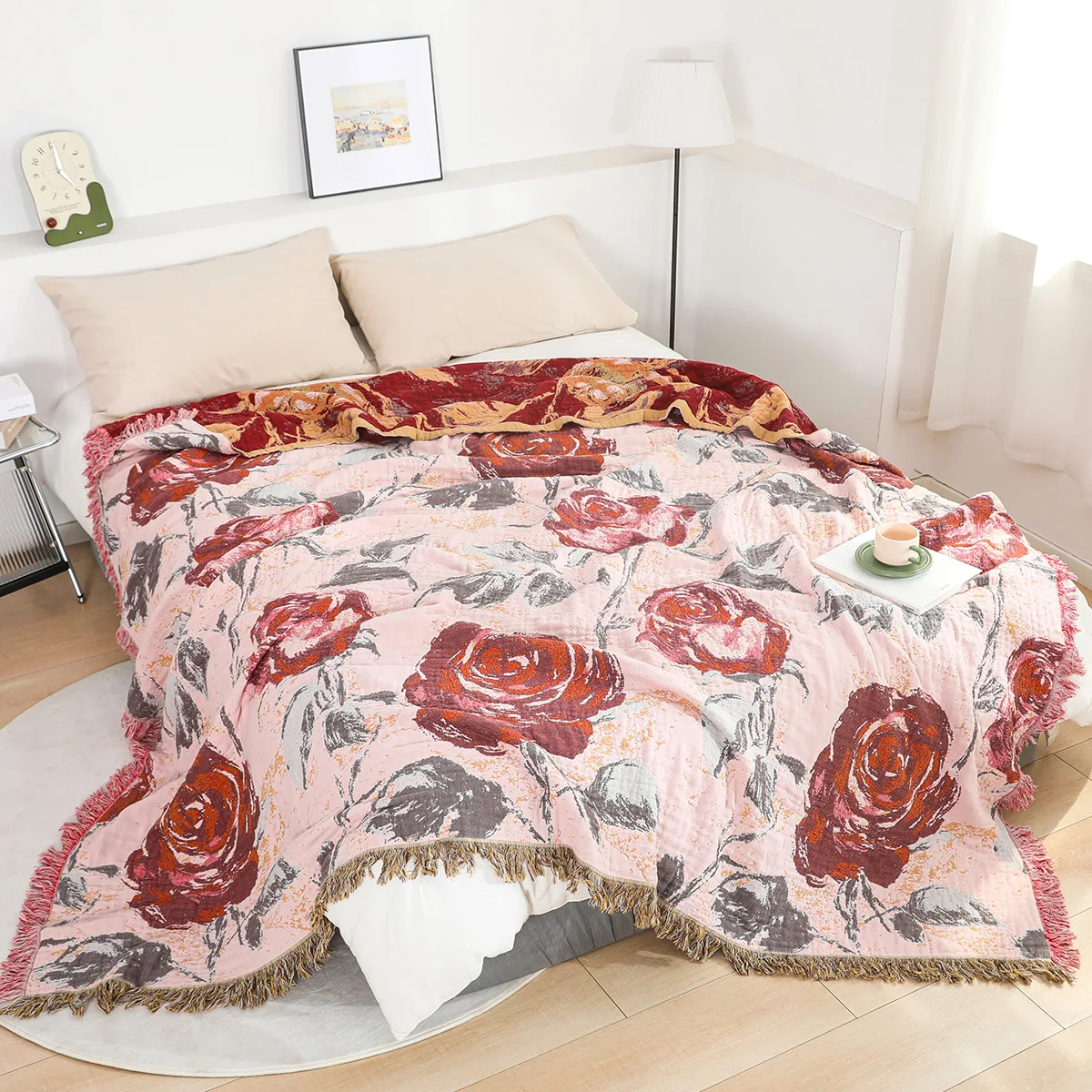 

Rose Cotton Gauze Towel Blanket, Sofa Cover Blanket, Bedspread, Summer Quilt, High Quality, New, 230*250 cm, Delicate Floral