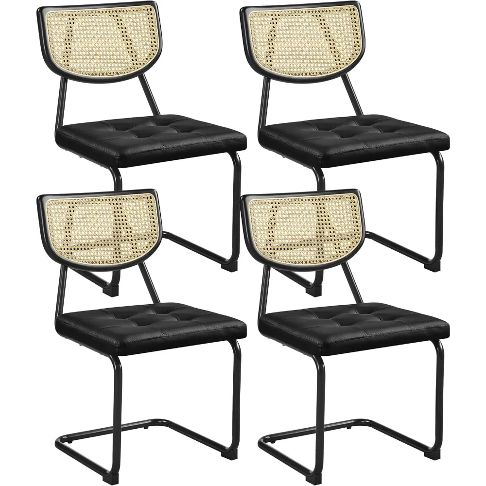 Set of 4 Mid Century Modern Rattan Back Dining Chairs with Chrome Legs for Home Kitchen