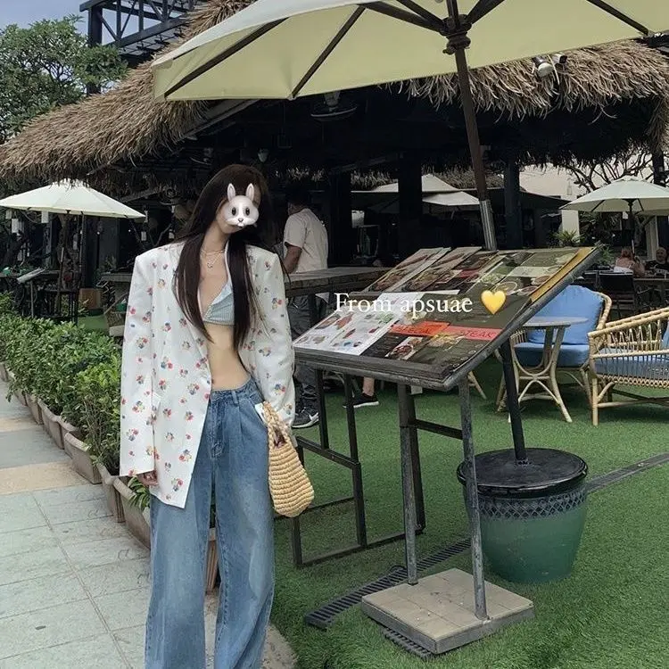 Blazer, Women's Print, Casual Long-sleeved Trend, Korean Version, Loose Straight, Versatile, Foreign, Mid-length Wear