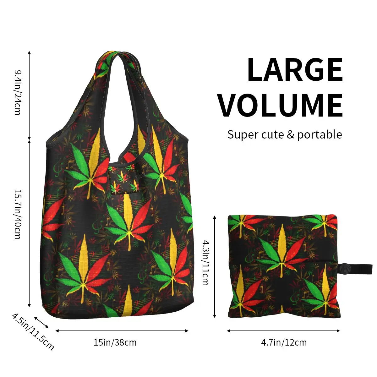 Large Reusable Music Of Jamaica Reggae Grocery Bags Recycle Foldable Shopping Tote Bag Washable Fits in Pocket