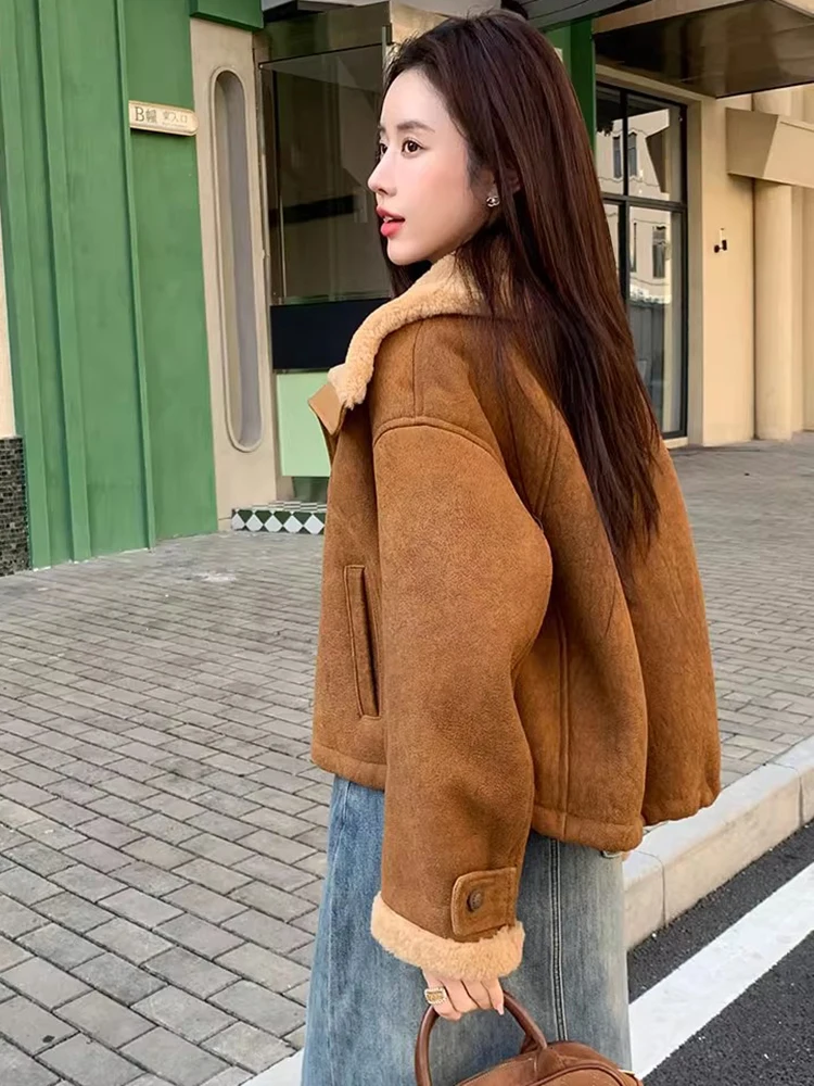 High-end Luxury Merino Sheep Fur Winter Suede Coats for Women Vintage Simple Short Real Fur Genuine Leather Motorcycle Jackets