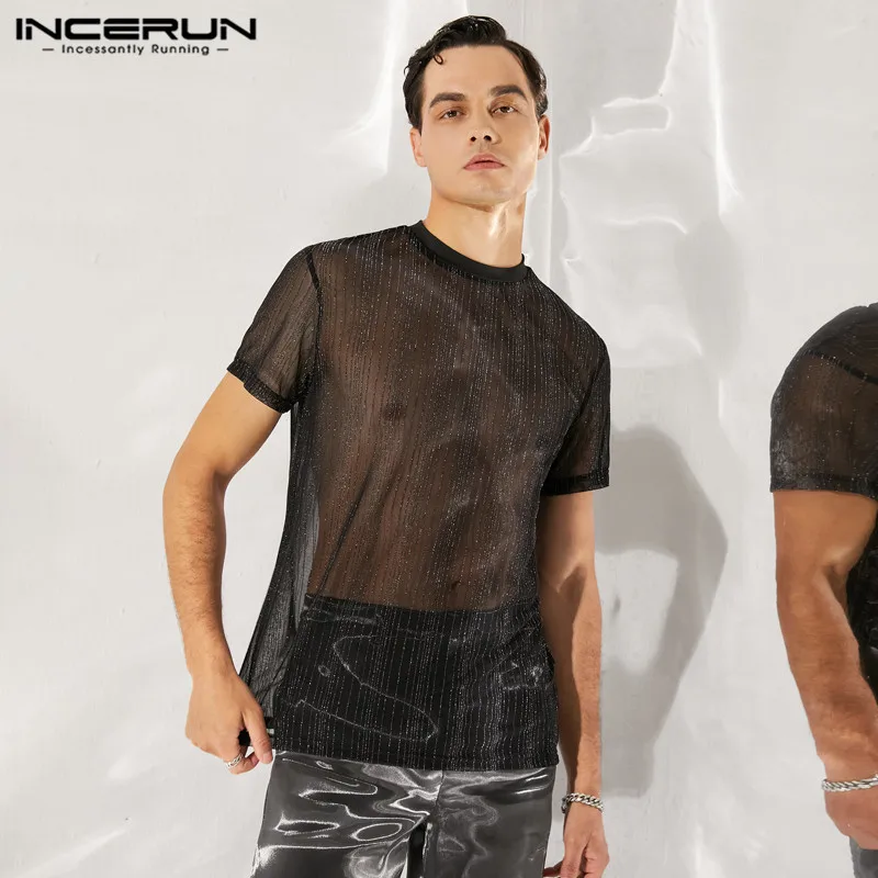 INCERUN Men Mesh T Shirt Transparent Short Sleeve 2024 Shiny Party Nightclub Thin T-shirts Men Breathable Sexy Fashion Camisetas