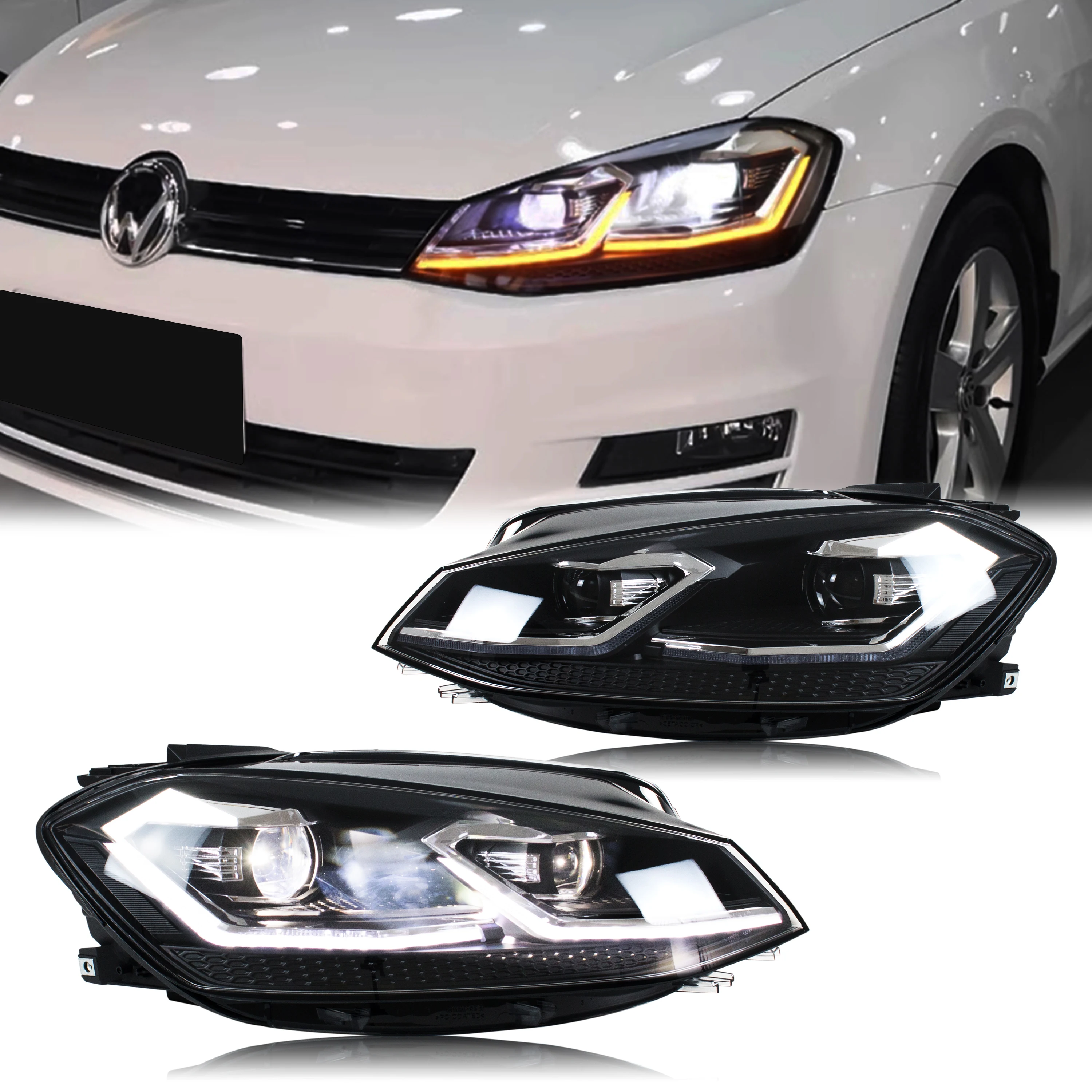 LED-Scheinwerfer für Volkswagen VW Golf 7.5 Golf VII 2018-2021 TSI TDI Projektor Chrom Frontleuchten-Set [Nicht passend für GTI/GTD/GTE]