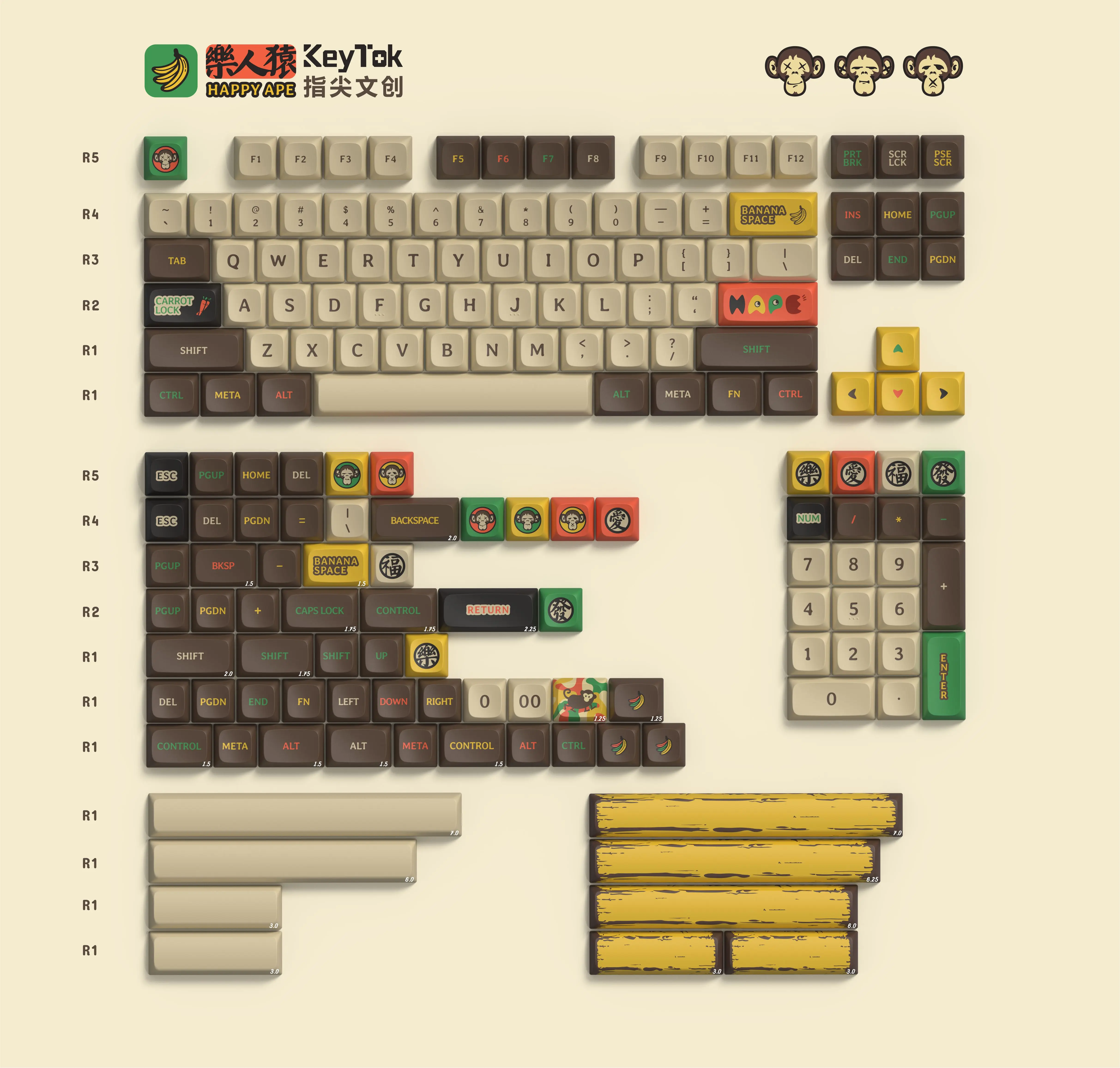 1 Set Happy APE Keycaps KDA Profile Custom PBT 171 Ball Keys For Mechanical Backlit Keyboard GK64 GK61 Anne Pro 2 GH60 Redragon