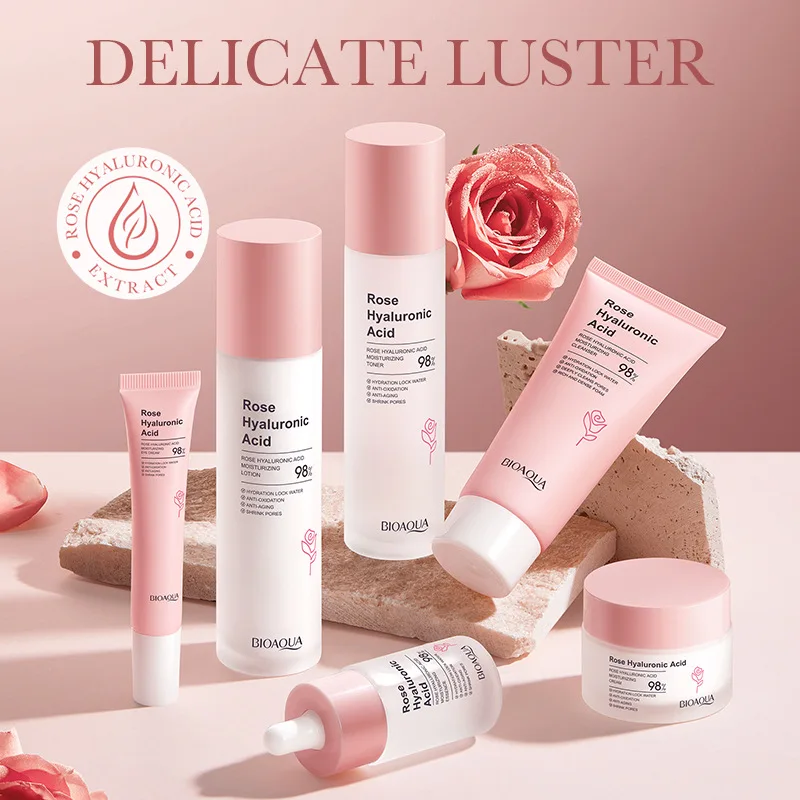 Set de Cuidado Facial de Rosas con Ácido Hialurónico, Hidratante y Humectante, Set de Seis Piezas para una Piel Tersa, Hidratada y Reafirmada