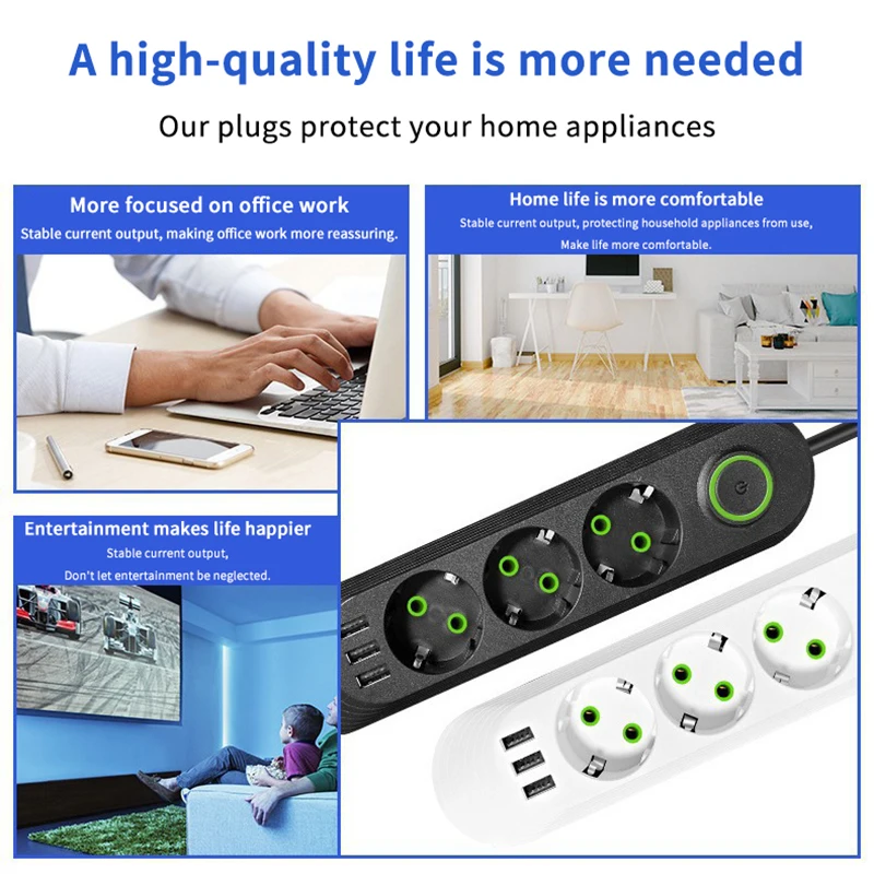 EU Plug Power Strip 3 Jack With 3 USB Ports 1.8M Extension Cord Electrical Socket Round Pin AC Outlet 2500W Multicontact Adapter