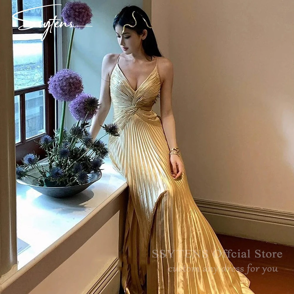 

SSYTENS Shiny Backless Evening Dresses Women Spaghetti Straps Long Vestidos Arabic Golden Banquet Gown Female Luxury Cheongsams