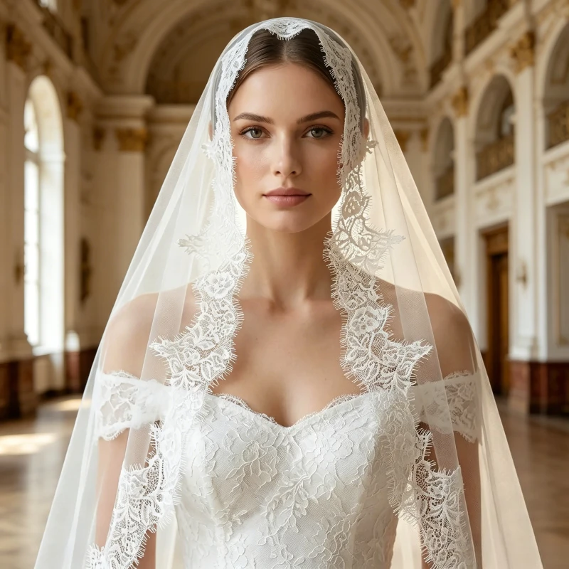 Chantilly Lace Mantilla Wedding Veil Cathedral Bridal Veil Vintage Boho Style Wedding Accessories Soft Tulle Mantilla Lace Edge
