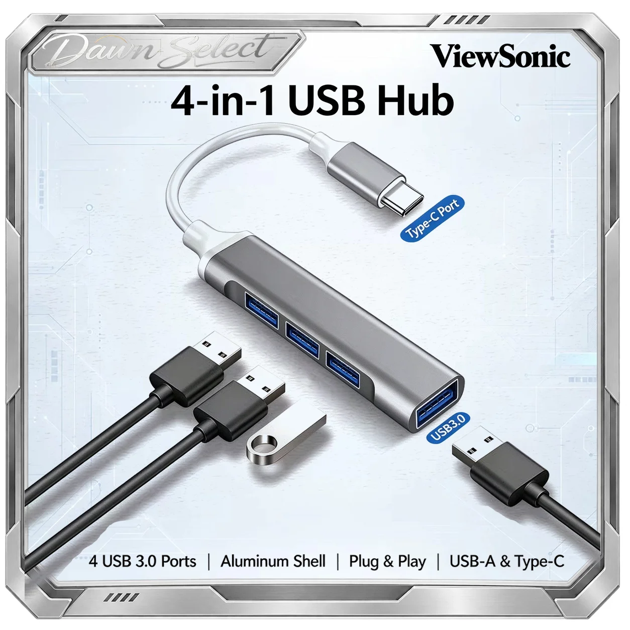 ViewSonic 4-in-1 USB 3.0 Hub 4-Port Splitter Aluminum Alloy Shell High Speed Transfer Plug Play Driver Free 4 Ports Simultaneous