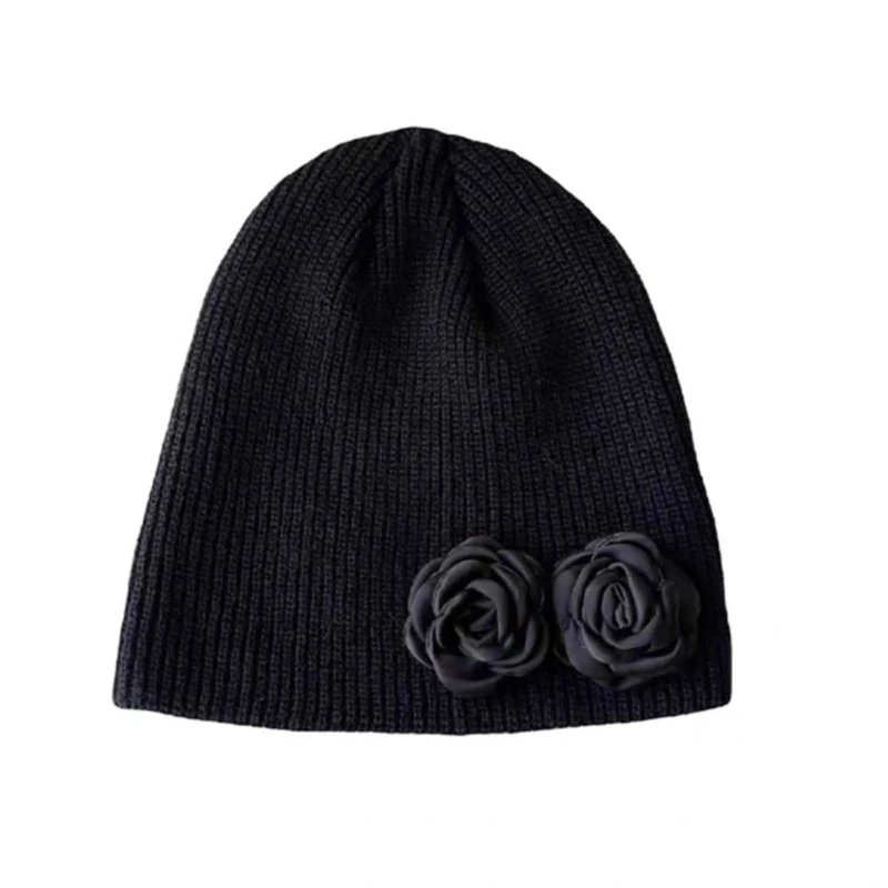 Fashionable Black Flower Hat Versatile and Practical Knitted Caps Great Gift for Loved Ones