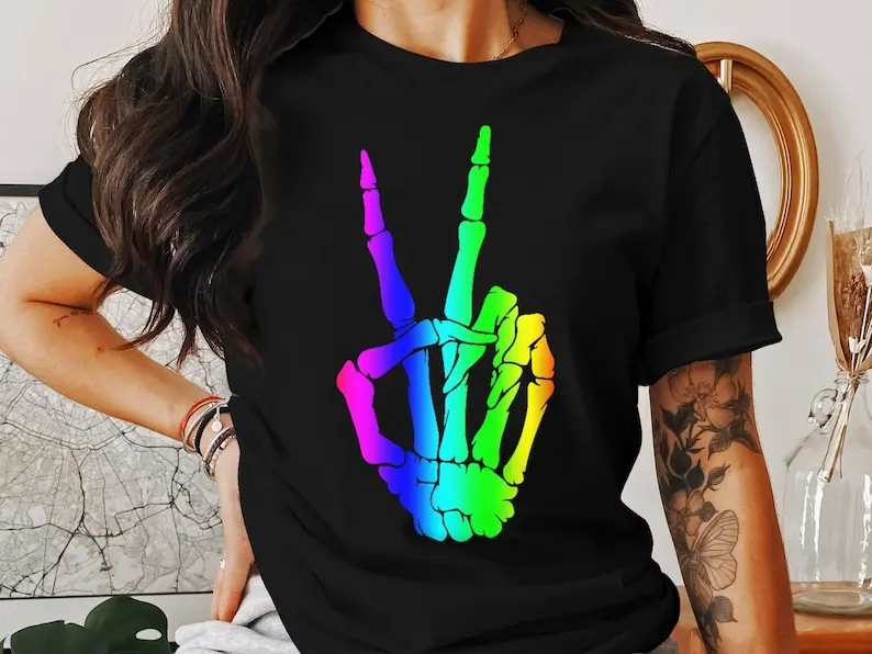 Vibrant Rainbow Bones Graphic Tee, Bright Victory Sign Fingers