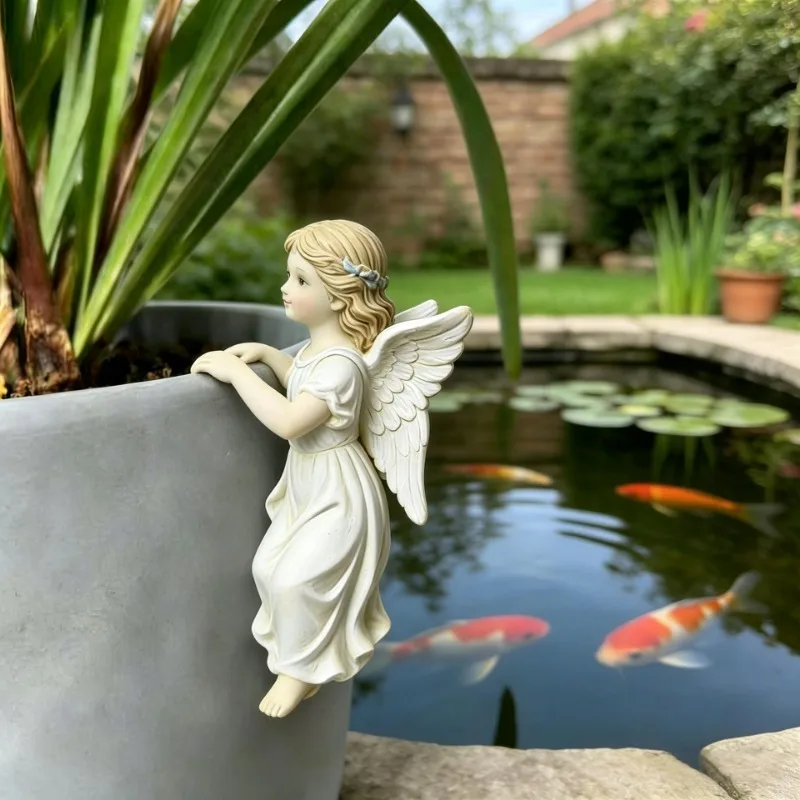 Creative Angel Girl Hanging Flower Pot Resin Crafts Ornaments for Outdoor Courtyard Balcony Pond Flowerpot Garden Decor Statues